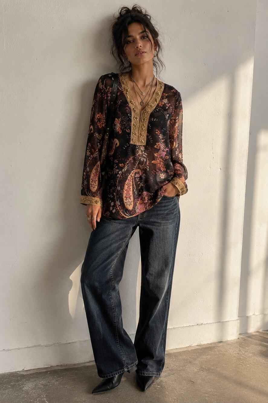 White Stag Y2K Sheer Paisley Floral Beaded Tunic Blouse Top M
